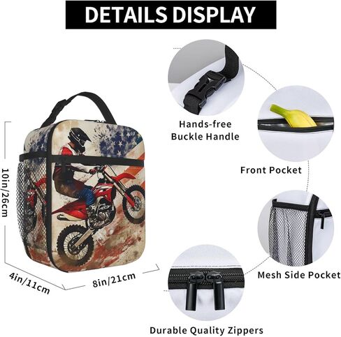 Dirt Bike Motocross American Flag Lunch Box for Adults Kids Boy Women Men Vintage Lunch Bag Cooler Tote Reusable Insulated Lunch Bag Container Gifts for Office Picnic Travel Work School in Saudi Arabia