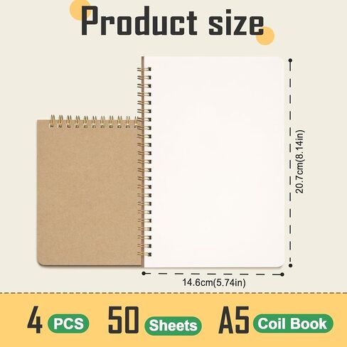 دفتر ملاحظات حلزوني فارغ A5، 4 عبوات من مفكرة تجليد حلزوني A5، 100 صفحة/50 ورقة فارغة بغطاء كرافت دفاتر ملاحظات سلكية للرسم والمذكرات والملاحظات والتخطيط in Kuwait