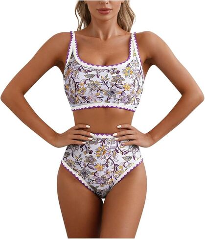 Women's Bikini Swimsuits High Waisted Retro Floral Scalloped Trim Two Piece Swimsuit Tummy Control Bathing Suit in Saudi Arabia