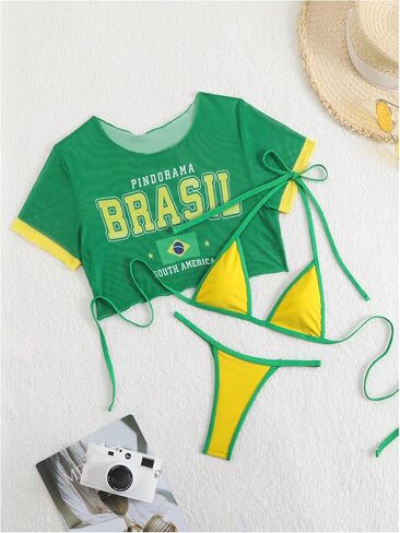 Women's 3 Piece Brasil Print Swimsuit Tie Backless Halter Bikini Set with Cover Up Tops in Saudi Arabia
