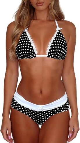 Women's Vintage Halter Triangle Bikini Sets Summer Boy Shorts Swimsuit Lace Trim Y2k Bathing Suits Swimwear in Saudi Arabia