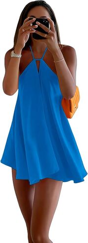Women's Summer New Sexy Deep V-Neck Backless Loose A-line Cross-Back Bow Tie Belted Dress Solid Color Backless Mini Dress in Saudi Arabia