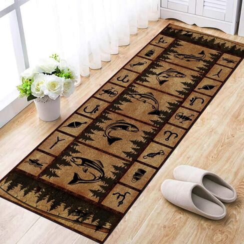 الغابات تحت عنوان الصيد ديكور الأسماك البساط، 2x6ft، خمر الصيد ديكور ريفي المقصورة عداء البساط، الرجعية البلد هندسية الممرات السجاد، سهلة نظيفة قابلة للطي منخفضة كومة البساط، لمدخل باب حصيرة in Kuwait