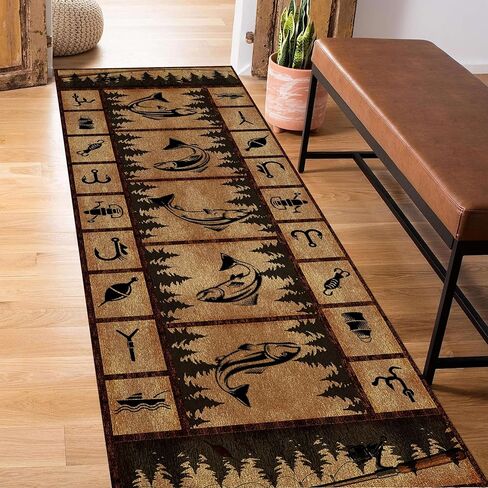 الغابات تحت عنوان الصيد ديكور الأسماك البساط، 2x6ft، خمر الصيد ديكور ريفي المقصورة عداء البساط، الرجعية البلد هندسية الممرات السجاد، سهلة نظيفة قابلة للطي منخفضة كومة البساط، لمدخل باب حصيرة in Kuwait