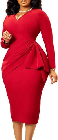 NRTHYE Womens Elegant Church Dresses Long Sleeve V Neck Pleated Peplum Midi Dress Bodycon Work Pencil Sheath Dress in Saudi Arabia