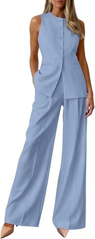 Womens Vest Pants Suits 2 Piece Set Business Dressy Casual Outfits Sleeveless Button Blazer Wide Leg Pants Pantsuit Sets in Saudi Arabia