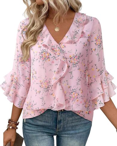Gaharu Womens Dressy Casual Blouses 3/4 Sleeve V Neck Ruffle Tops Business Ladies Summer Fashion Work Shirt in Kuwait