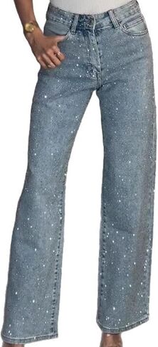Women's High Waisted Rhinestone Sparkly Wide Leg Denim Jeans, Light Blue Wash with Crystal Embellishments in Saudi Arabia