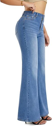 بنطال جينز نسائي واسع الخصر وواسع الساق، بنطال جينز فضفاض قابل للتمدد من الأسفل مع 5 جيوب in Kuwait