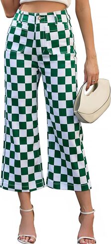 بنطال جينز مستقيم الأرجل للنساء بنطال مربعات كاجوال بخصر عالٍ وقابل للتمدد مع جيوب in Kuwait