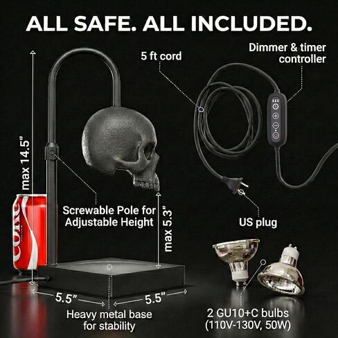 مصباح تدفئة الشموع من نومنو جمجمة مع مؤقت وخافت للضوء *الشموع غير متضمنة - مصباح طاولة قوطي أسود، سخان شموع بارتفاع قابل للتعديل، 2 مصباح كهربائي. ديكور جمجمة - مصابيح للمنزل المخيف والهدايا الساحرة in Kuwait