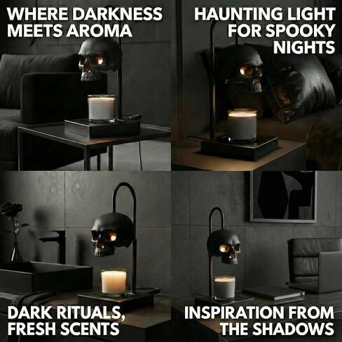 مصباح تدفئة الشموع من نومنو جمجمة مع مؤقت وخافت للضوء *الشموع غير متضمنة - مصباح طاولة قوطي أسود، سخان شموع بارتفاع قابل للتعديل، 2 مصباح كهربائي. ديكور جمجمة - مصابيح للمنزل المخيف والهدايا الساحرة in Kuwait