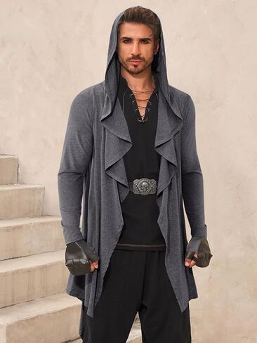 Runcati Mens Long Hooded Cardigan Ruffle Shawl Collar Open Front Long Sleeve Lightweight Drape Robe in Saudi Arabia