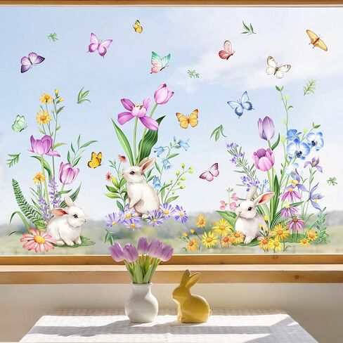 Tanlaby Spring Flower Window Clings Flower Rabbit Easter Window Stickers Floral Wildflower Window Decals Anti-Collision Static Stickers for Home Glass Doors Decor in Kuwait