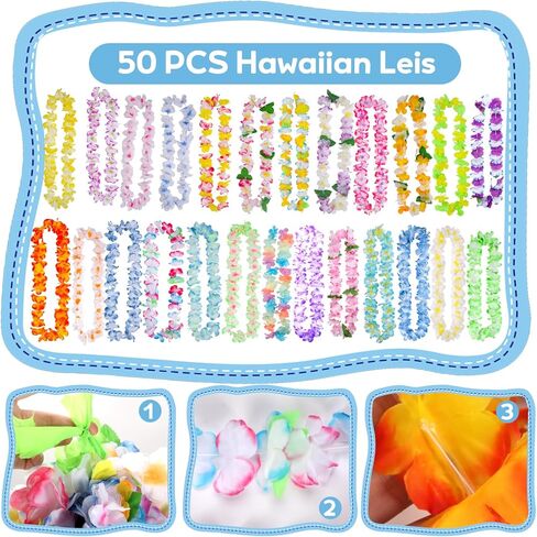 50 Counts Hawaiian Leis Bulk Decorations, Leis for Luau Party Hawaiian Colorful Tropical Flower Lays for Adults Hawaii Summer Beach Luau Party Favors Birthday Party Supplies in Saudi Arabia