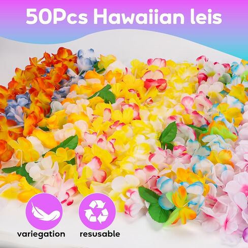 50 Counts Hawaiian Leis Bulk Decorations, Leis for Luau Party Hawaiian Colorful Tropical Flower Lays for Adults Hawaii Summer Beach Luau Party Favors Birthday Party Supplies in Saudi Arabia