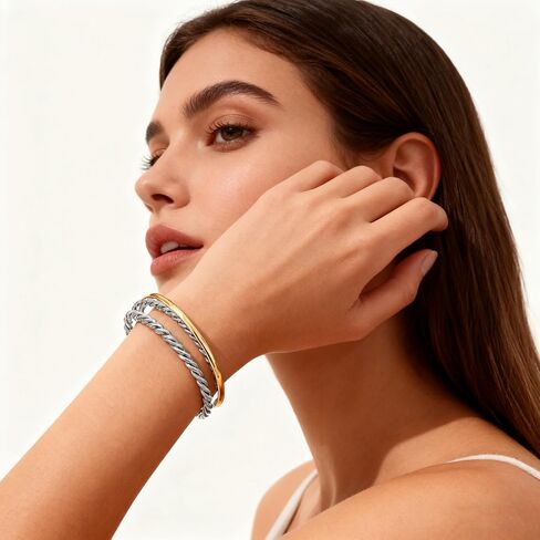 Two-Tone Twisted Rope Cuff Bracelet for Women, Gold & Silver Tone Mixed Metal Open Bangle Bracelet, Statement Chunky Bracelet in Saudi Arabia