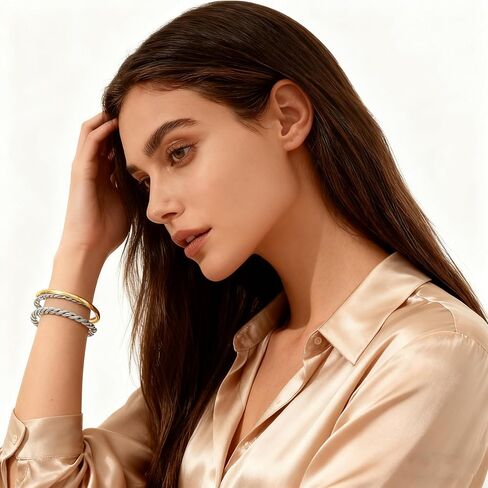 Two-Tone Twisted Rope Cuff Bracelet for Women, Gold & Silver Tone Mixed Metal Open Bangle Bracelet, Statement Chunky Bracelet in Saudi Arabia