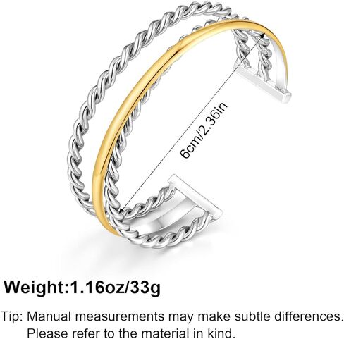 Two-Tone Twisted Rope Cuff Bracelet for Women, Gold & Silver Tone Mixed Metal Open Bangle Bracelet, Statement Chunky Bracelet in Saudi Arabia