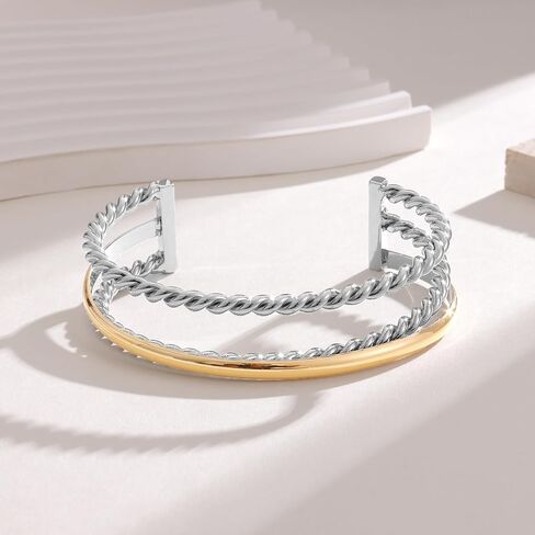 Two-Tone Twisted Rope Cuff Bracelet for Women, Gold & Silver Tone Mixed Metal Open Bangle Bracelet, Statement Chunky Bracelet in Saudi Arabia