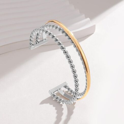 Two-Tone Twisted Rope Cuff Bracelet for Women, Gold & Silver Tone Mixed Metal Open Bangle Bracelet, Statement Chunky Bracelet in Saudi Arabia