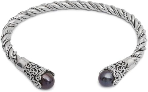 NOVICA Artisan Handmade Cultured Pearl Cuff Bracelet Brown from Bali Sterling Silver Freshwater Dyed White Indonesia Birthstone [6 in L (end to End) x 0.4 in W] ' Jepun Seeds in Brown' in Saudi Arabia