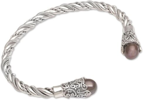 NOVICA Artisan Handmade Cultured Pearl Cuff Bracelet Brown from Bali Sterling Silver Freshwater Dyed White Indonesia Birthstone [6 in L (end to End) x 0.4 in W] ' Jepun Seeds in Brown' in Saudi Arabia