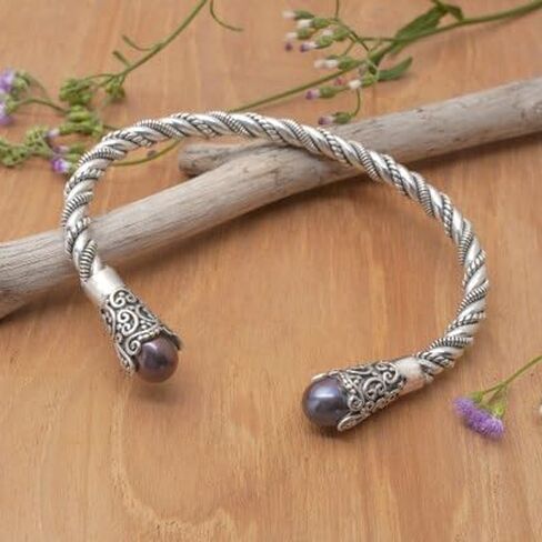 NOVICA Artisan Handmade Cultured Pearl Cuff Bracelet Brown from Bali Sterling Silver Freshwater Dyed White Indonesia Birthstone [6 in L (end to End) x 0.4 in W] ' Jepun Seeds in Brown' in Saudi Arabia
