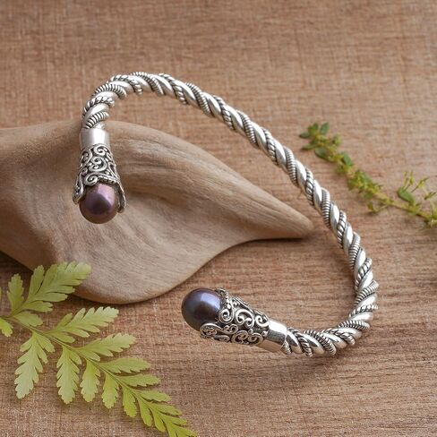 NOVICA Artisan Handmade Cultured Pearl Cuff Bracelet Brown from Bali Sterling Silver Freshwater Dyed White Indonesia Birthstone [6 in L (end to End) x 0.4 in W] ' Jepun Seeds in Brown' in Saudi Arabia