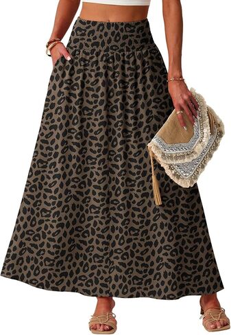 Lepunuo Maxi Skirts for Women Smocked Elastic High Waisted Casual Boho Swing Pleated Beach Long Skirts with Pockets in Saudi Arabia