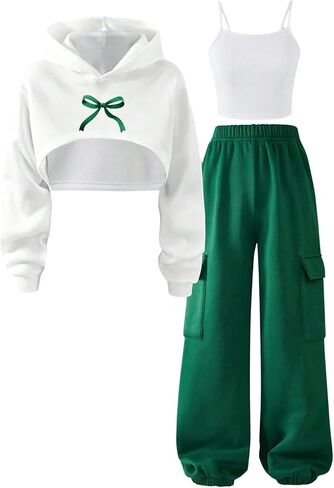 WDIRARA Girl's Sweatsuit 3 Piece Outfits Bow Hoodie Camisole Cargo Pants Set Tracksuit in Saudi Arabia