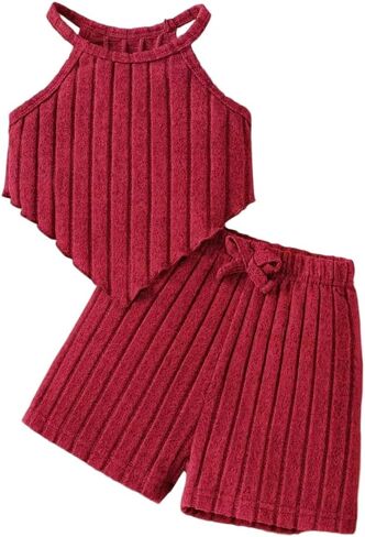 Toddler Girls Clothes 2 Piece Outfit Summer Solid Ribbed Tank Tops & Bow Elastic Shorts Cute Kids Sets 4-7Y in Kuwait