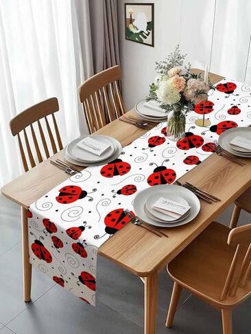 Table Runner Cute Red Ladybug Table Runners Dresser Scarves Ladybug with Dotted Wings Swirls Curves Dinner Table Decor Runners for Kithcen Parties Home Decor 13x60 inch in Kuwait