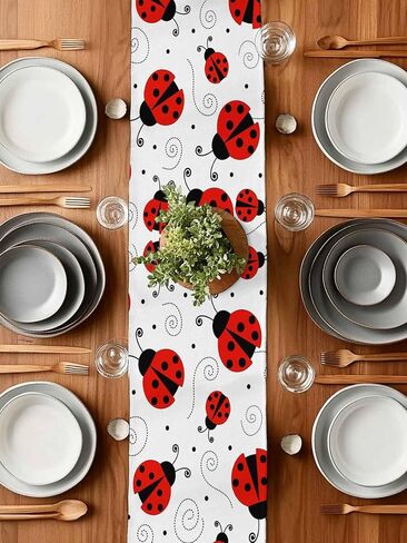 Table Runner Cute Red Ladybug Table Runners Dresser Scarves Ladybug with Dotted Wings Swirls Curves Dinner Table Decor Runners for Kithcen Parties Home Decor 13x60 inch in Kuwait