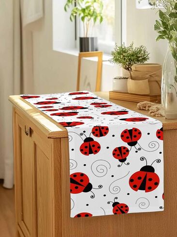 Table Runner Cute Red Ladybug Table Runners Dresser Scarves Ladybug with Dotted Wings Swirls Curves Dinner Table Decor Runners for Kithcen Parties Home Decor 13x60 inch in Kuwait