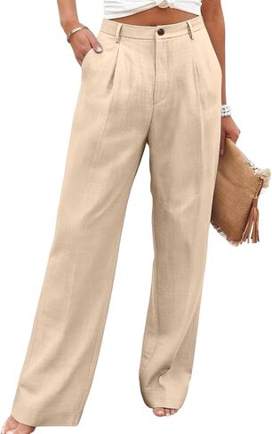 Women's Linen Palazzo Pants High Waisted Button Up Wide Leg Casual Long Lounge Trousers with Pockets in Kuwait