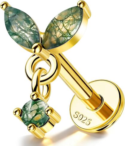 Jewseen Moss Agate Stud Earrings Dangle Internal Threaded Flat Back 16g 8mm 925 Sterling Silver Piercing Jewelry for Cartilage Lip Conch Tragus Helix in Saudi Arabia