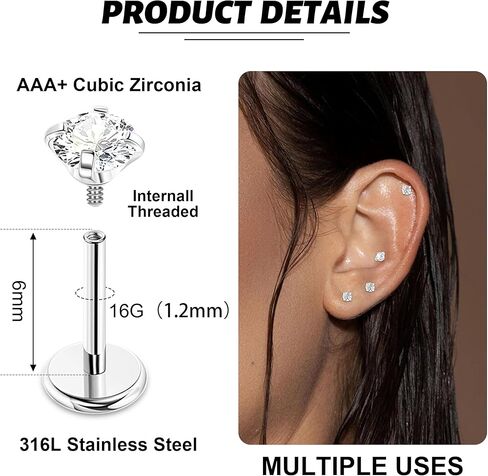 4Pcs 16G 316L Stainless Steel Internally Threaded CZ Stud Earrings for Women Cartilage Helix Stud Earring Tragus Stud Cubic Zirconia Ear Stud Piercing Jewelry in Kuwait