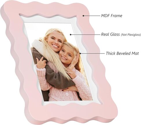 5x7 Cute Picture Frame, Wavy Curved Photo Frame with 4x6 Mat and Real Glass, Unique Funky Frame for Table and Wall Display, Home Office Desk Decoration Art, Baby Girl Gift (5x7, Light Pink) in Kuwait