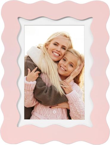 5x7 Cute Picture Frame, Wavy Curved Photo Frame with 4x6 Mat and Real Glass, Unique Funky Frame for Table and Wall Display, Home Office Desk Decoration Art, Baby Girl Gift (5x7, Light Pink) in Kuwait