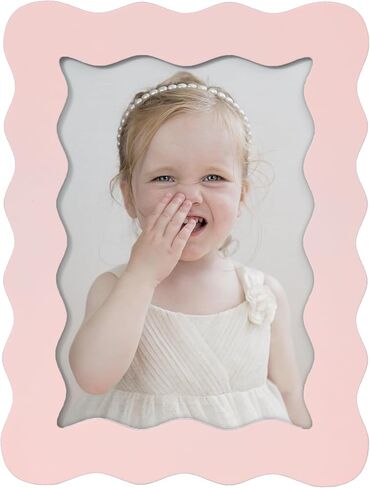 5x7 Cute Picture Frame, Wavy Curved Photo Frame with 4x6 Mat and Real Glass, Unique Funky Frame for Table and Wall Display, Home Office Desk Decoration Art, Baby Girl Gift (5x7, Light Pink) in Kuwait