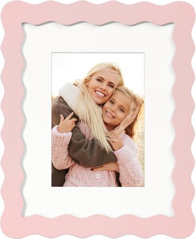5x7 Cute Picture Frame, Wavy Curved Photo Frame with 4x6 Mat and Real Glass, Unique Funky Frame for Table and Wall Display, Home Office Desk Decoration Art, Baby Girl Gift (5x7, Light Pink) in Kuwait