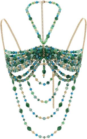 Luxury Beaded Body Chain, Blue and Green Crystal with Gold Accents,Mermaid Costume Bra Rave/Festival/Burlesque Bra Top in Saudi Arabia