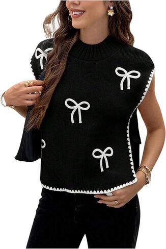 OYOANGLE Women's Bow Embroidery Side Tie Sweater Vest Sleeveless Mock Neck Sweater Tank Tops in Saudi Arabia