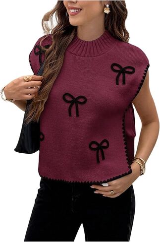 OYOANGLE Women's Bow Embroidery Side Tie Sweater Vest Sleeveless Mock Neck Sweater Tank Tops in Saudi Arabia