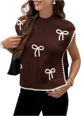 OYOANGLE Women's Bow Embroidery Side Tie Sweater Vest Sleeveless Mock Neck Sweater Tank Tops in Saudi Arabia