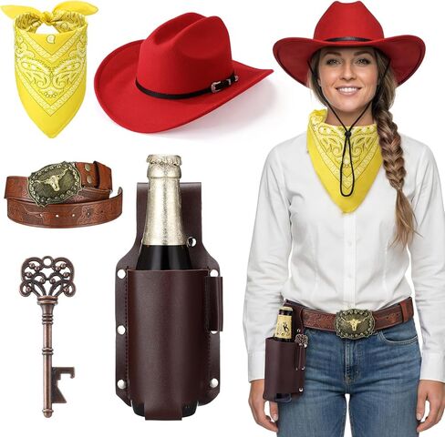 5 Pcs Western Cowboy Outfit for Men Women Hat Belt Bandana Beer Holster with Bottle Opener for Halloween Cosplay in Saudi Arabia