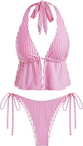 ZAFUL المرأة مخطط الرسن مجموعة البكيني عارية الذراعين سلسلة Tankini التعادل الجانب ملابس السباحة صفيق 2 قطعة ثوب السباحة in Saudi Arabia