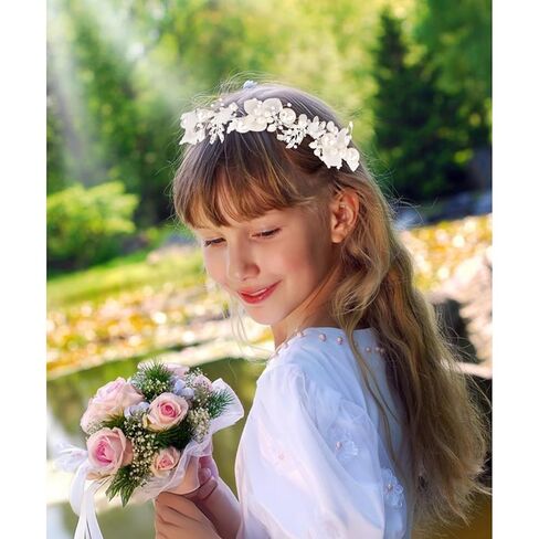 Semato 2 Pcs Flower Girl Headpiece for First Communion Headpiece Princess with Rhinestone and Pearl Headband Floral Wedding Prom for Girls and Women in Saudi Arabia