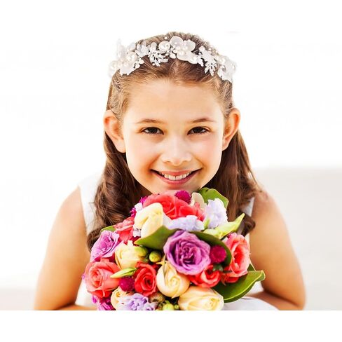 Semato 2 Pcs Flower Girl Headpiece for First Communion Headpiece Princess with Rhinestone and Pearl Headband Floral Wedding Prom for Girls and Women in Saudi Arabia